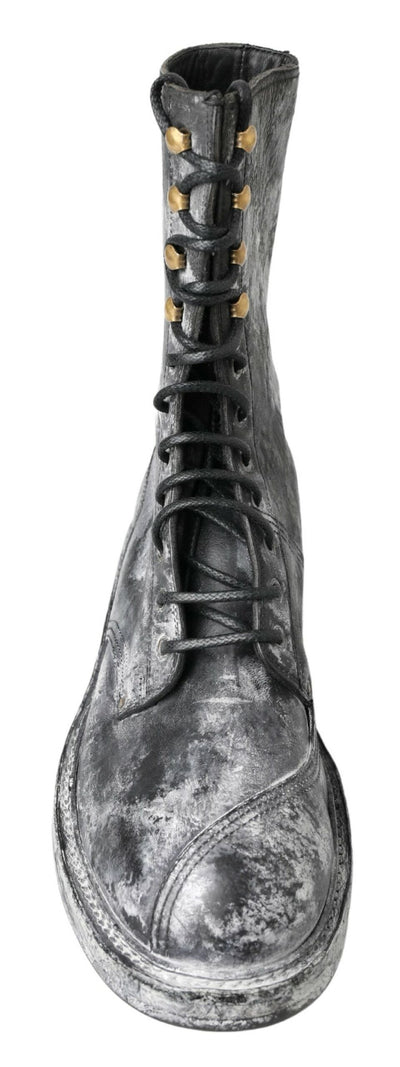 Dolce & Gabbana Schwarz Gray Leder Mid Calf Stiefel Schuhe