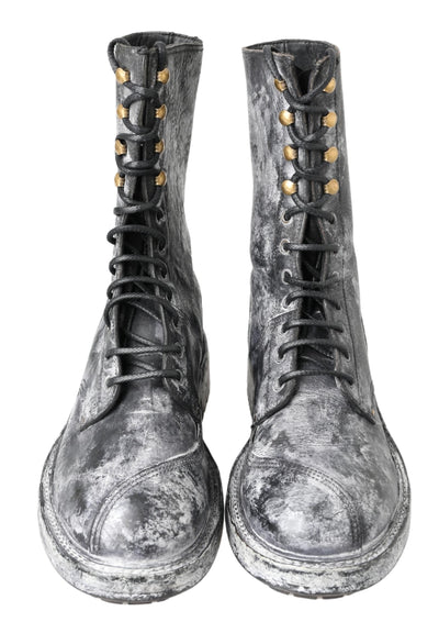 Dolce & Gabbana Schwarz Gray Leder Mid Calf Stiefel Schuhe