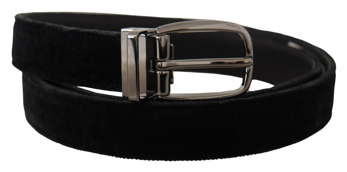 Dolce & Gabbana Schwarzer Samtgürtel mit Logo-Gravur aus Metall