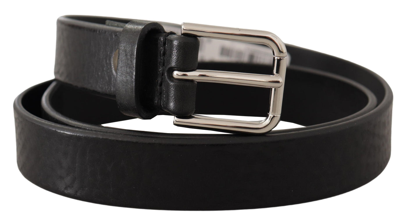 Dolce & Gabbana Schwarzes Kalbsleder Silberfarbenes Logo Metallschnalle Gürtel