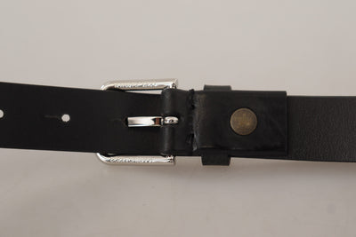 Dolce & Gabbana Schwarzes Kalbsleder Silberfarbenes Logo Metallschnalle Gürtel