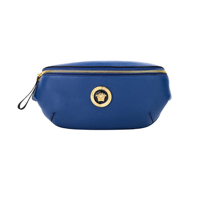 Versace Kleine Gürteltasche mit Medusa-Anhänger aus marineblauem Kalbsleder