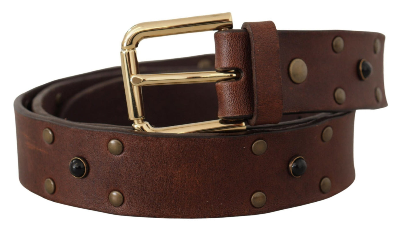 Dolce & Gabbana Brauner Leder Nietengürtel mit goldfarbener Metallschnalle