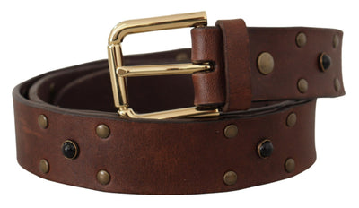 Dolce & Gabbana Brauner Leder Nietengürtel mit goldfarbener Metallschnalle