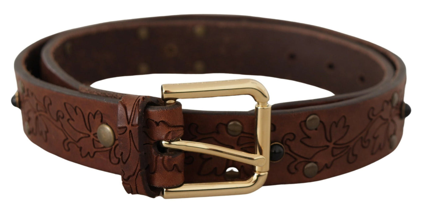 Dolce & Gabbana Brauner Leder Gürtel mit floraler Metallschnalle und Nieten