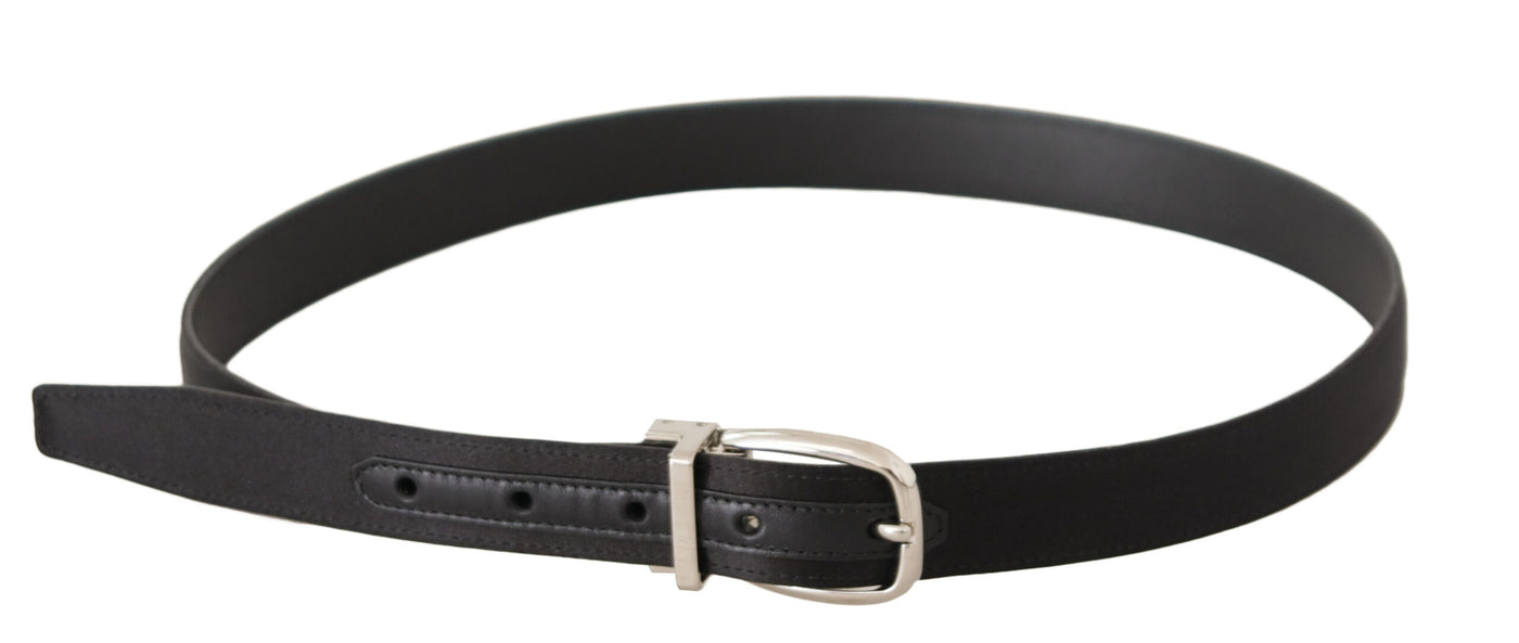 Dolce & Gabbana Schwarzer Canvas-Leder-Gürtel mit silberner Logo-Metallschnalle
