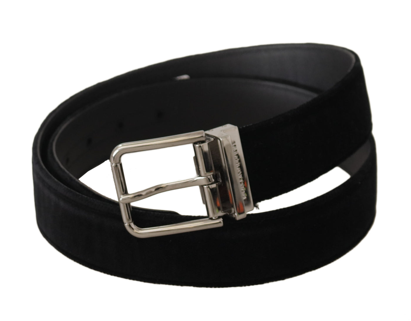 Dolce & Gabbana Schwarzer Samt Silbernes Logo mit gravierter Metallschnalle Gürtel
