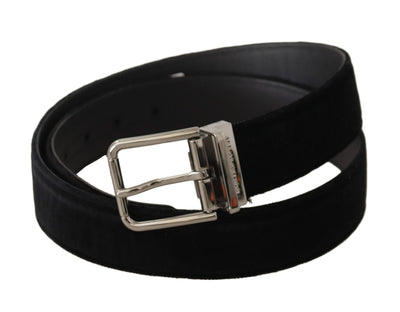 Dolce & Gabbana Schwarzer Samt Silbernes Logo mit gravierter Metallschnalle Gürtel