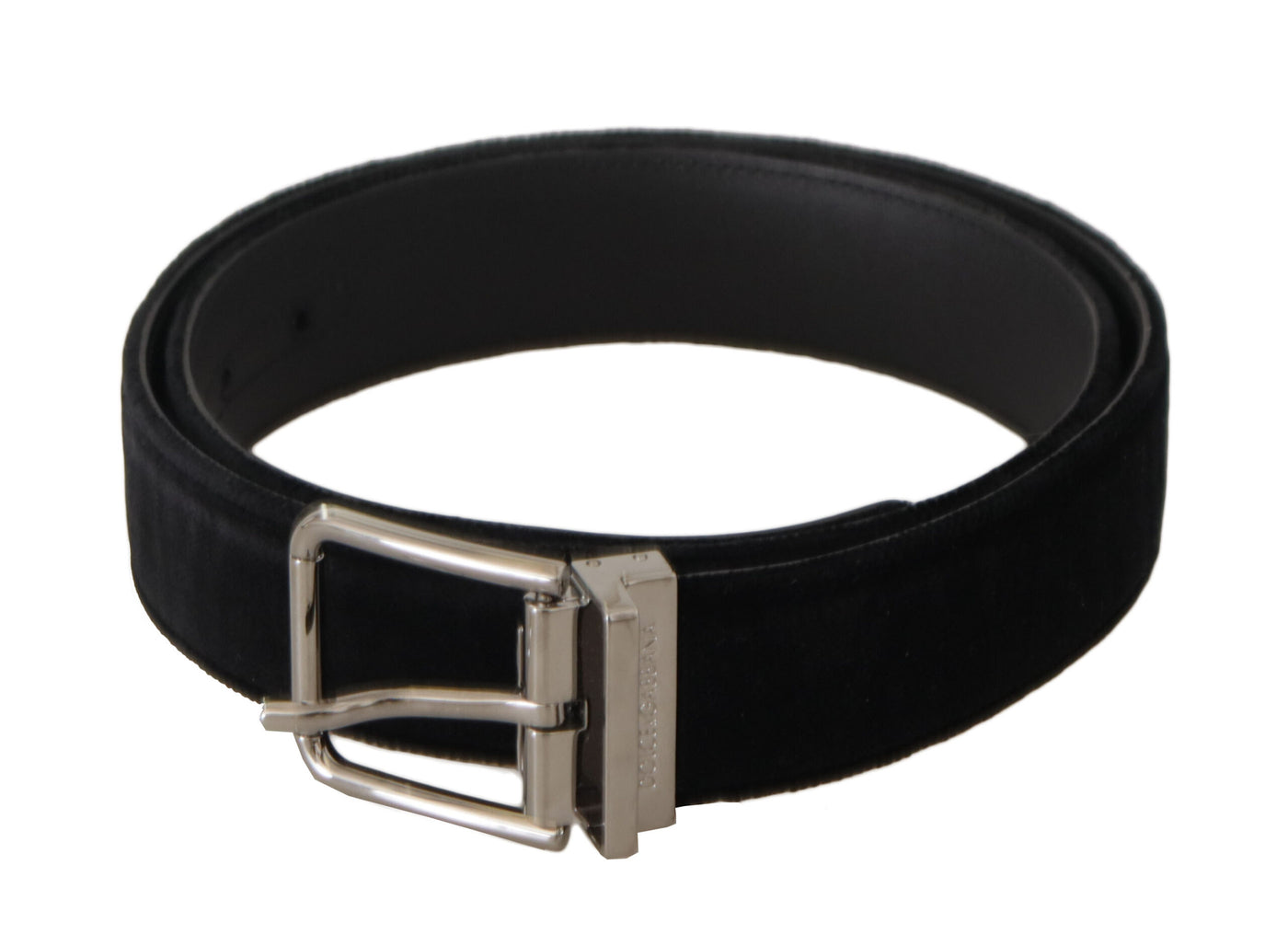 Dolce & Gabbana Schwarzer Samt Silbernes Logo mit gravierter Metallschnalle Gürtel