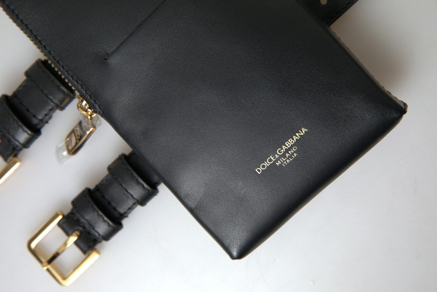Dolce & Gabbana Schwarzes Leder Männer Geldbörse Double Belt Strap Armband Tasche