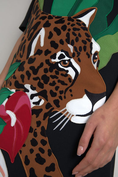 Dolce & Gabbana Schwarzes Tiger Dschungel Print Etuikleid aus Stretch