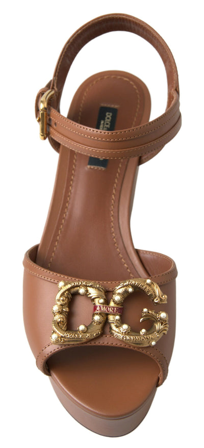 Dolce & Gabbana Braunes Leder AMORE Wedges Sandalen Schuhe