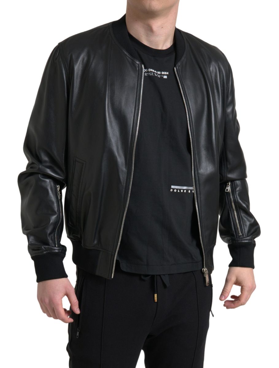 Dolce & Gabbana Schwarze Leder Bomberjacke mit Reißverschluss für Männer