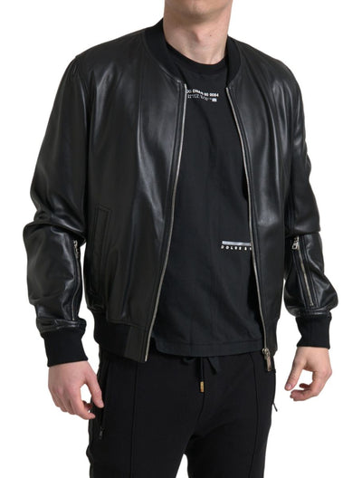 Dolce & Gabbana Schwarze Leder Bomberjacke mit Reißverschluss für Männer