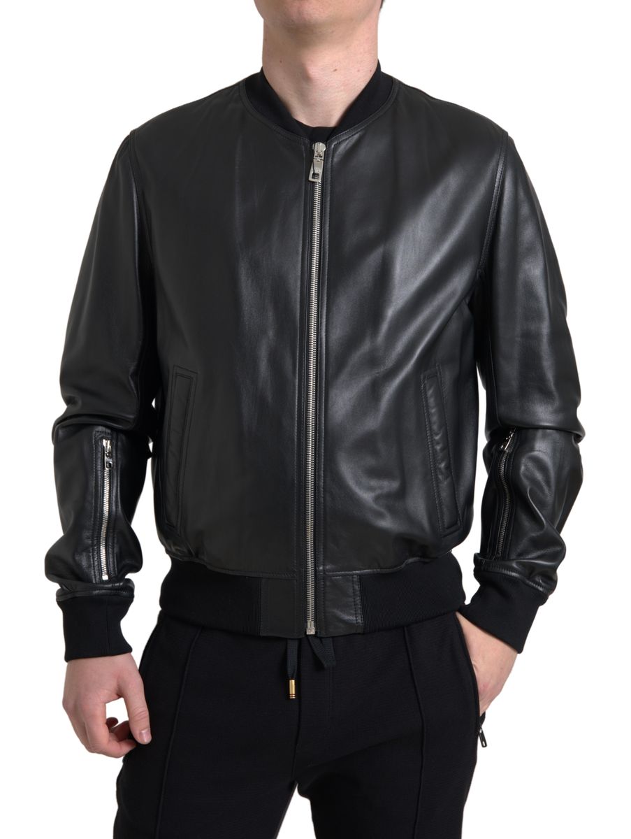 Dolce & Gabbana Schwarze Leder Bomberjacke mit Reißverschluss für Männer