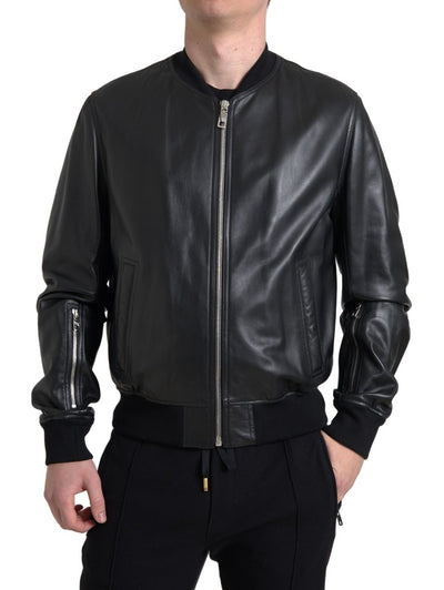 Dolce & Gabbana Schwarze Leder Bomberjacke mit Reißverschluss für Männer