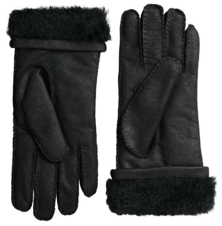 Dolce & Gabbana Schwarzes Leder Fell Kurze Hände Fäustlinge Männer Handschuhe