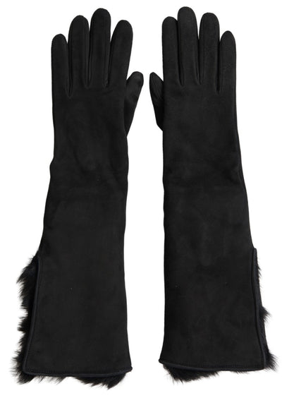 Dolce & Gabbana Schwarzes Leder Pelz Ellenbogenlange Handschuhe