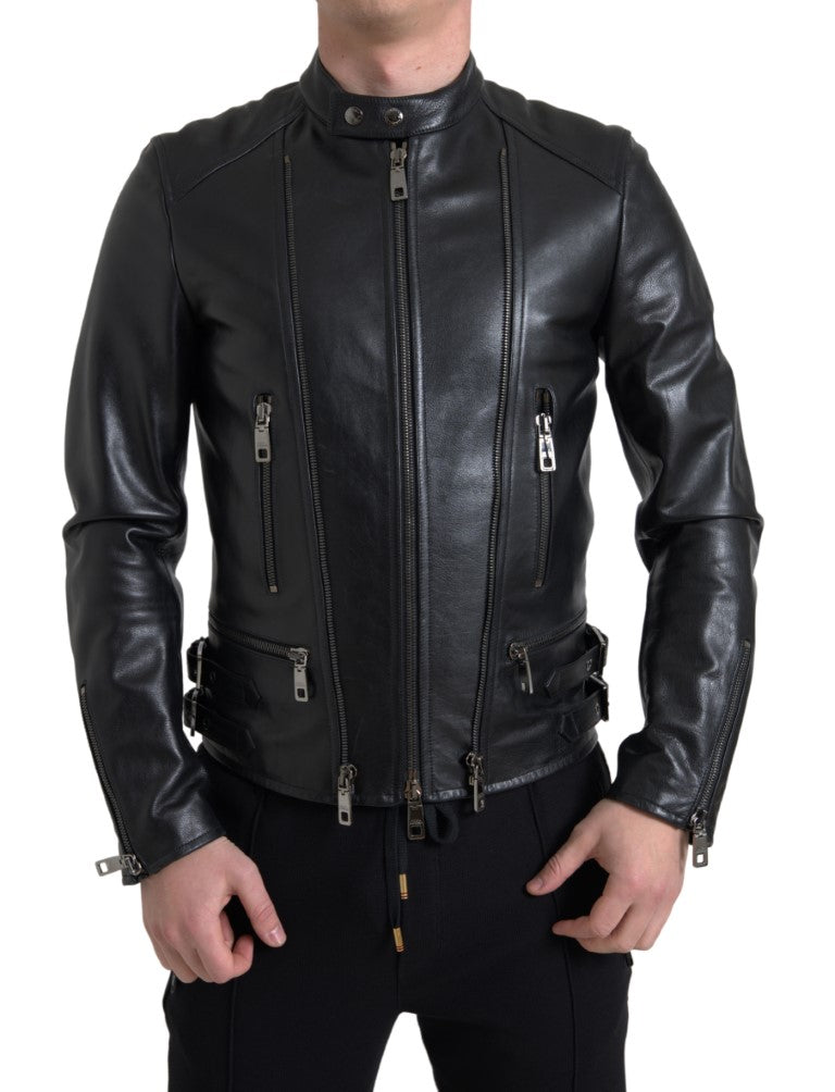 Dolce & Gabbana Schwarzer Ledermantel mit Reißverschluss Herrenjacke