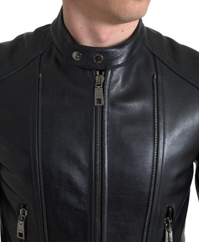 Dolce & Gabbana Schwarzer Ledermantel mit Reißverschluss Herrenjacke
