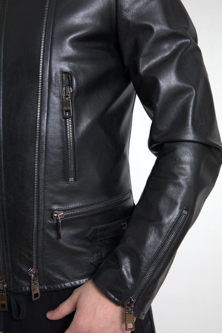Dolce & Gabbana Schwarzer Ledermantel mit Reißverschluss Herrenjacke