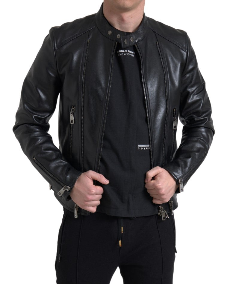 Dolce & Gabbana Schwarzer Ledermantel mit Reißverschluss Herrenjacke