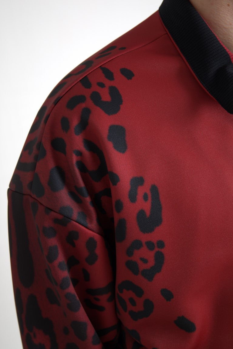 Dolce & Gabbana Rote Leoparden-Polyester-Bomberjacke mit durchgehendem Reißverschluss