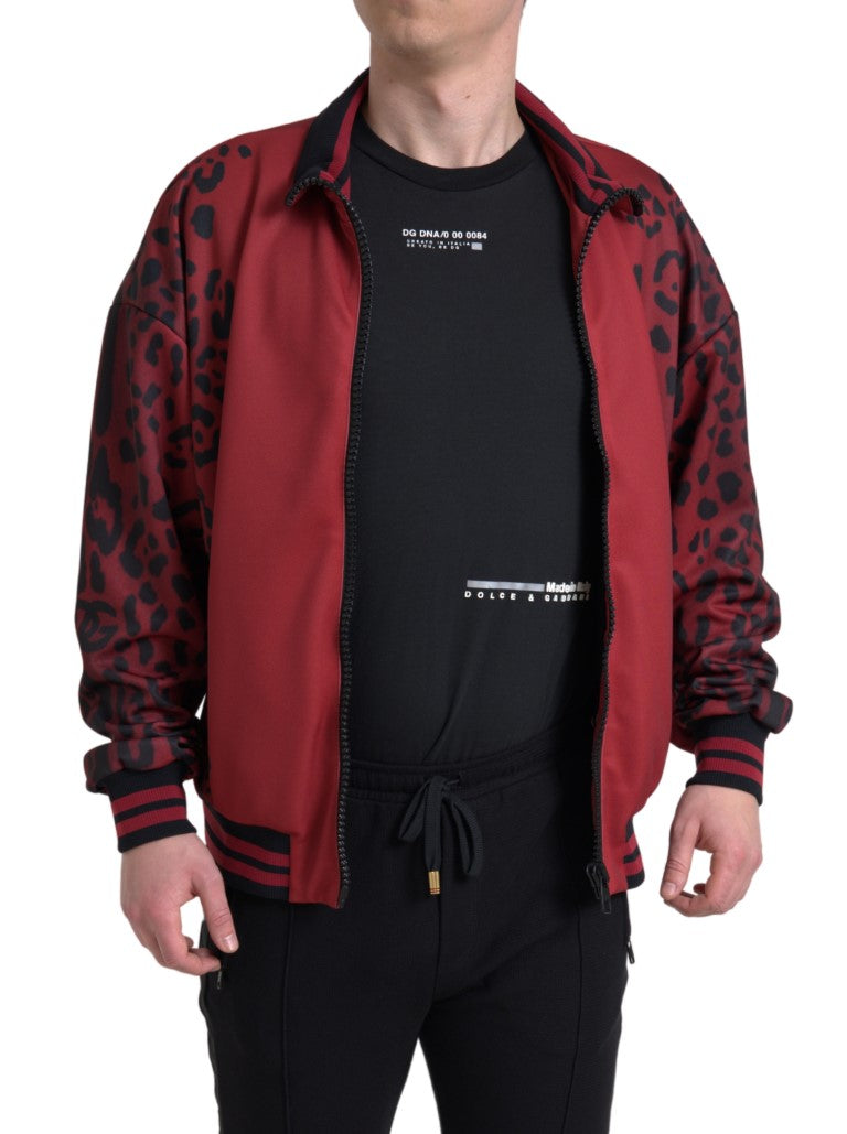 Dolce & Gabbana Rote Leoparden-Polyester-Bomberjacke mit durchgehendem Reißverschluss
