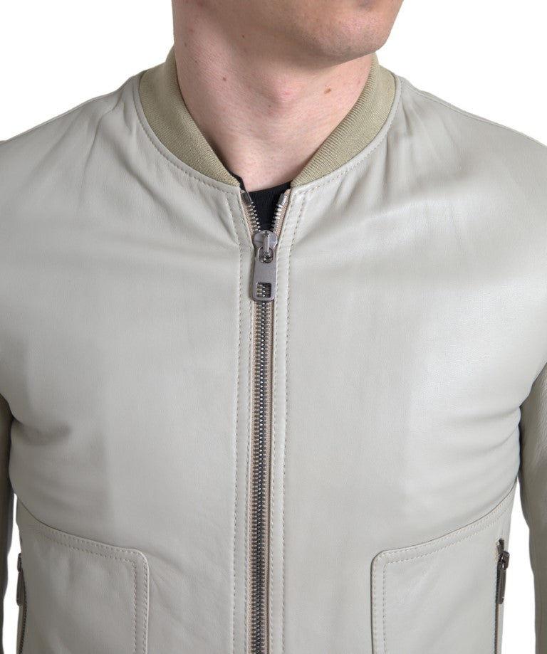 Dolce & Gabbana Cremefarbene Lederbomber-Blousonjacke mit durchgehendem Reißverschluss