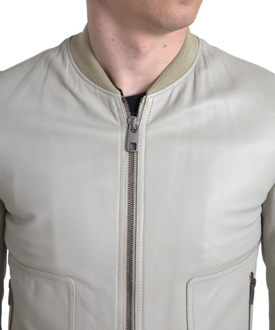 Dolce & Gabbana Cremefarbene Lederbomber-Blousonjacke mit durchgehendem Reißverschluss