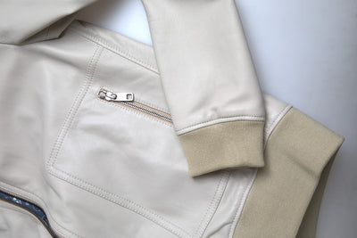 Dolce & Gabbana Cremefarbene Lederbomber-Blousonjacke mit durchgehendem Reißverschluss