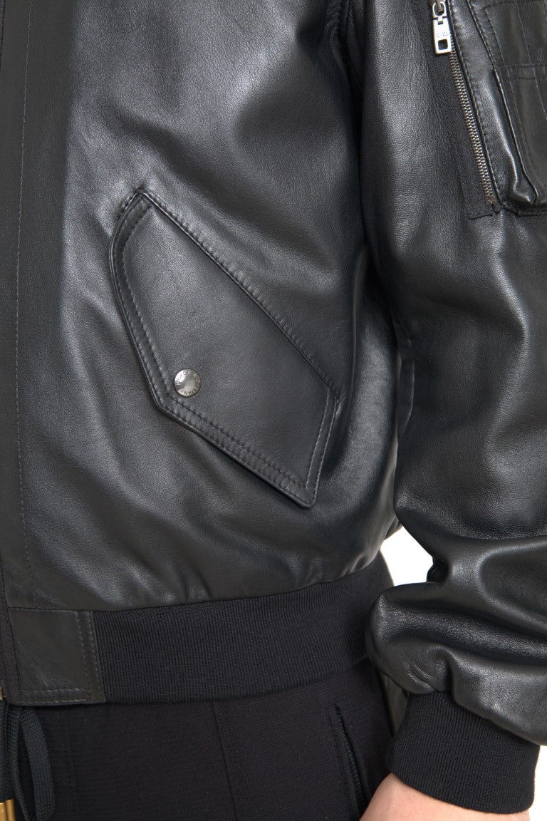 Dolce & Gabbana Schwarze Leder-Blouson-Bomberjacke mit durchgehendem Reißverschluss
