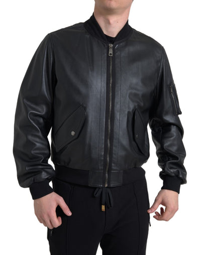 Dolce & Gabbana Schwarze Leder-Blouson-Bomberjacke mit durchgehendem Reißverschluss