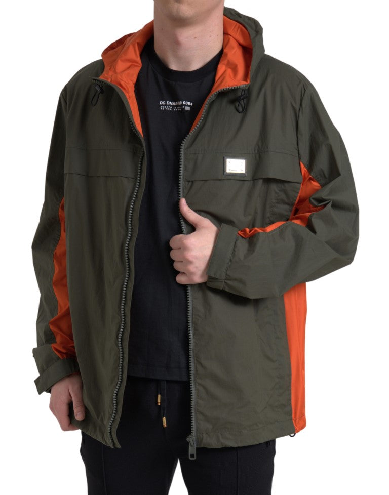 Dolce & Gabbana Grün-Orange Jacke mit Kapuze und durchgehendem Reißverschluss aus Baumwolle