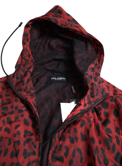 Dolce & Gabbana Rote Leoparden-Bomberjacke mit Kapuze und Reißverschluss