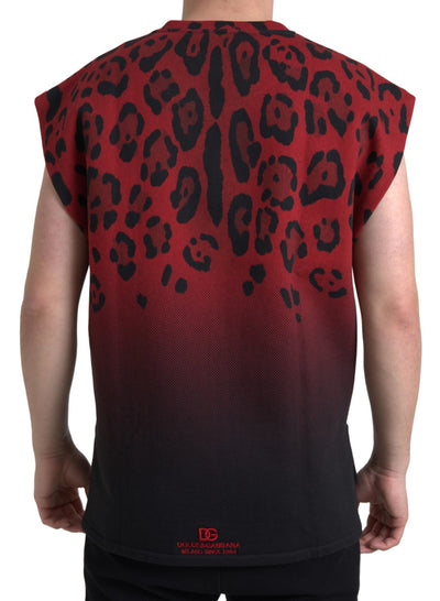 Dolce & Gabbana Rotes Leoparden-Baumwoll-Tank-T-Shirt ohne Ärmel