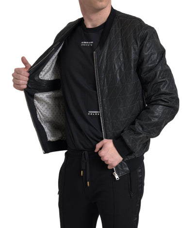 Dolce & Gabbana Schwarzer Leder Bombermantel Jacke mit Reißverschluss