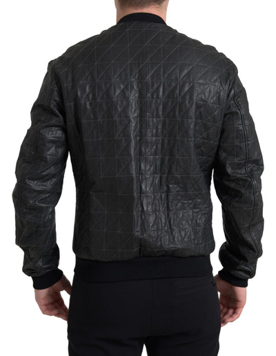 Dolce & Gabbana Schwarzer Leder Bombermantel Jacke mit Reißverschluss