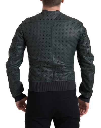 Dolce & Gabbana Grüne Bomberjacke aus Leder mit Perforation