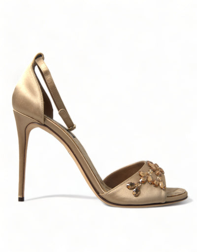 Dolce & Gabbana Gold Satin Knöchelriemen Kristall Sandalen Schuhe