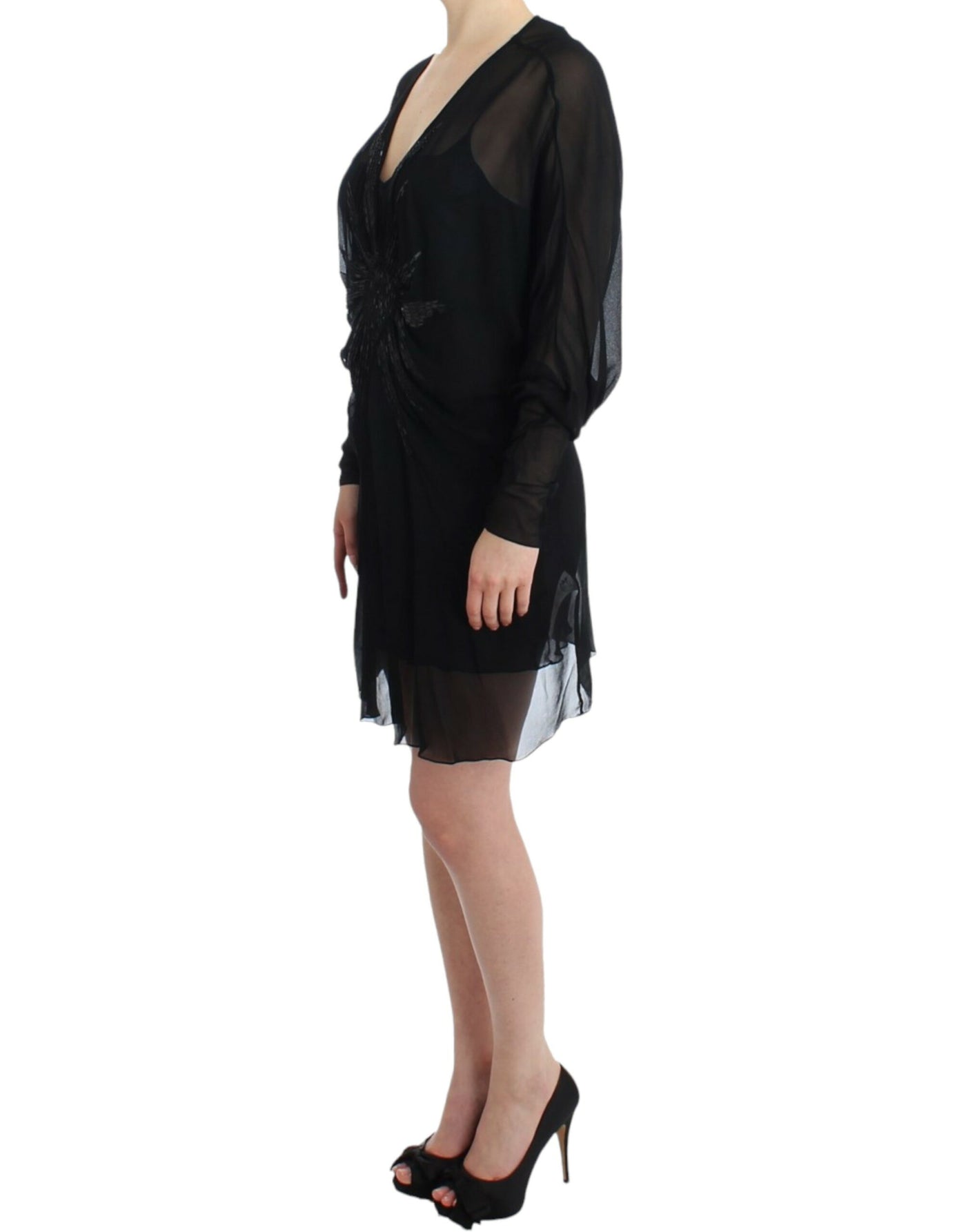 Cavalli Schwarzes langärmeliges Seidenkleid