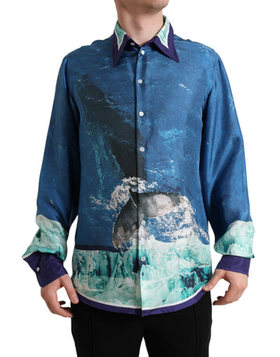 Dolce & Gabbana Blaues Seidenhemd mit Kragen und Knopfleiste
