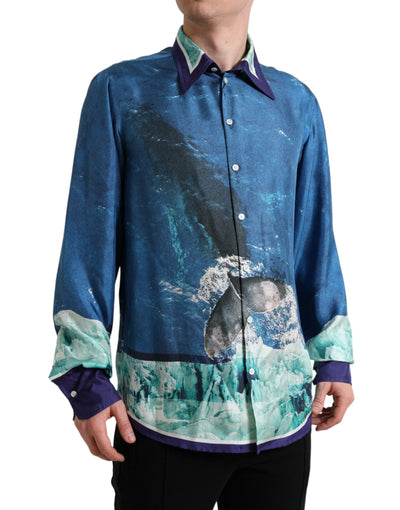 Dolce & Gabbana Blaues Seidenhemd mit Kragen und Knopfleiste