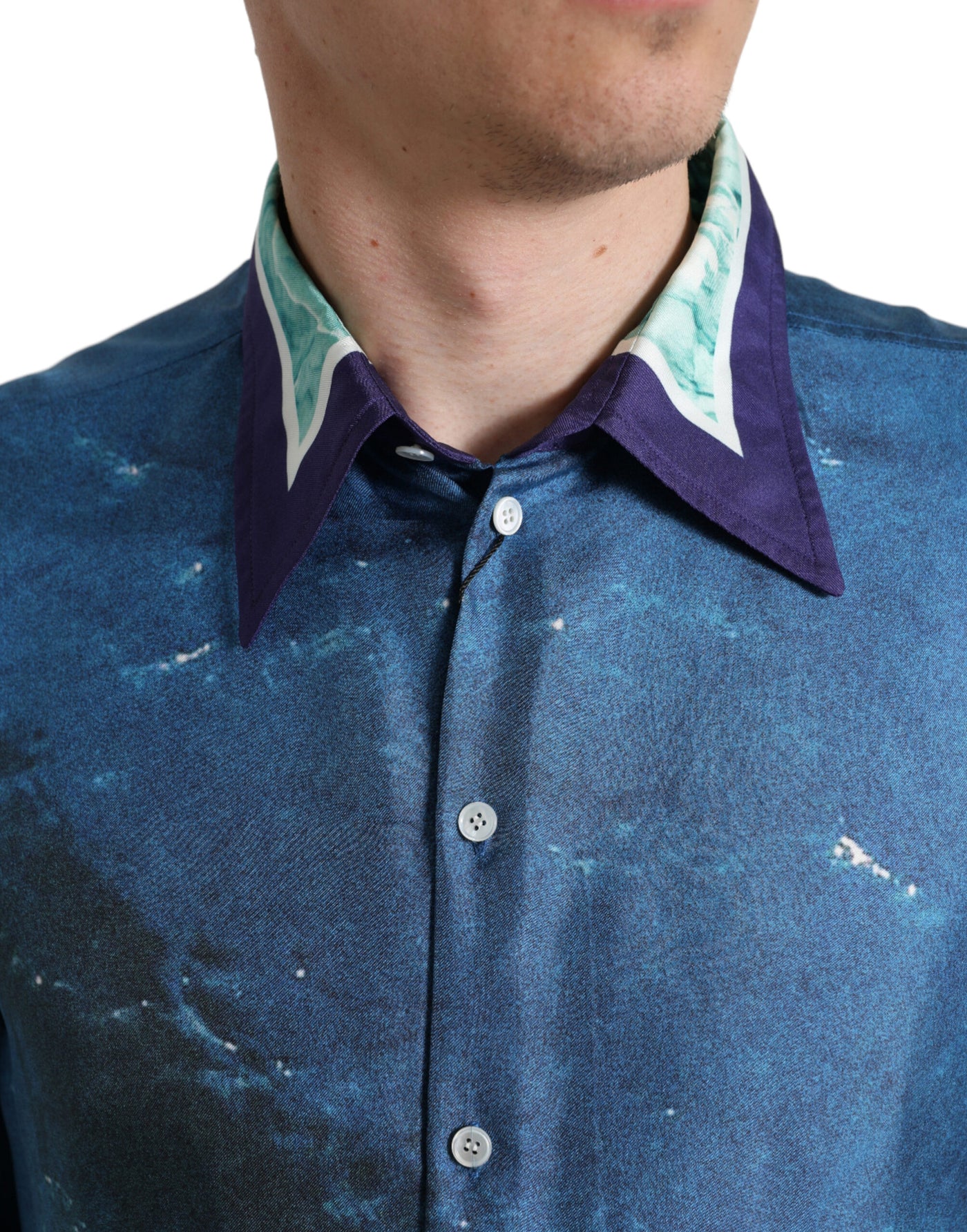 Dolce & Gabbana Blaues Seidenhemd mit Kragen und Knopfleiste