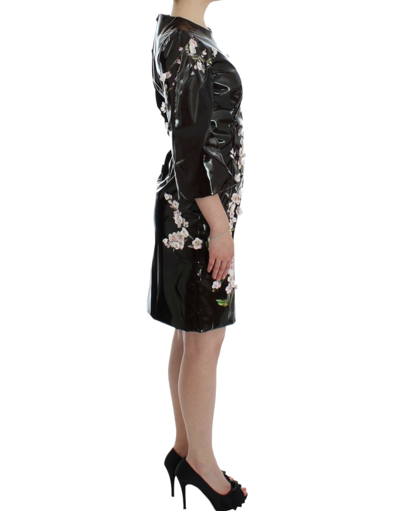 Dolce & Gabbana Schwarzes geblümtes 3/4-Ärmel-Etuikleid