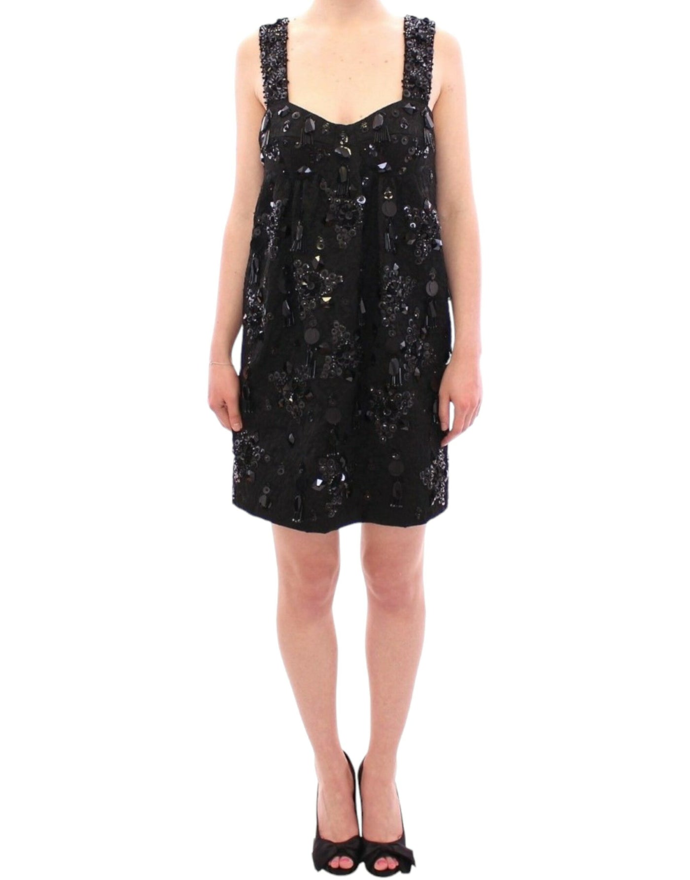 Dolce & Gabbana Schwarzes geblümtes, kristallbesetztes Kleid