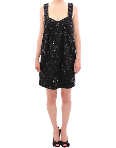 Dolce & Gabbana Schwarzes geblümtes, kristallbesetztes Kleid