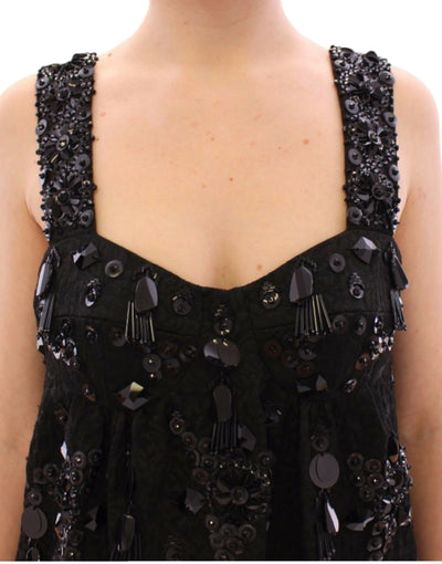 Dolce & Gabbana Schwarzes geblümtes, kristallbesetztes Kleid