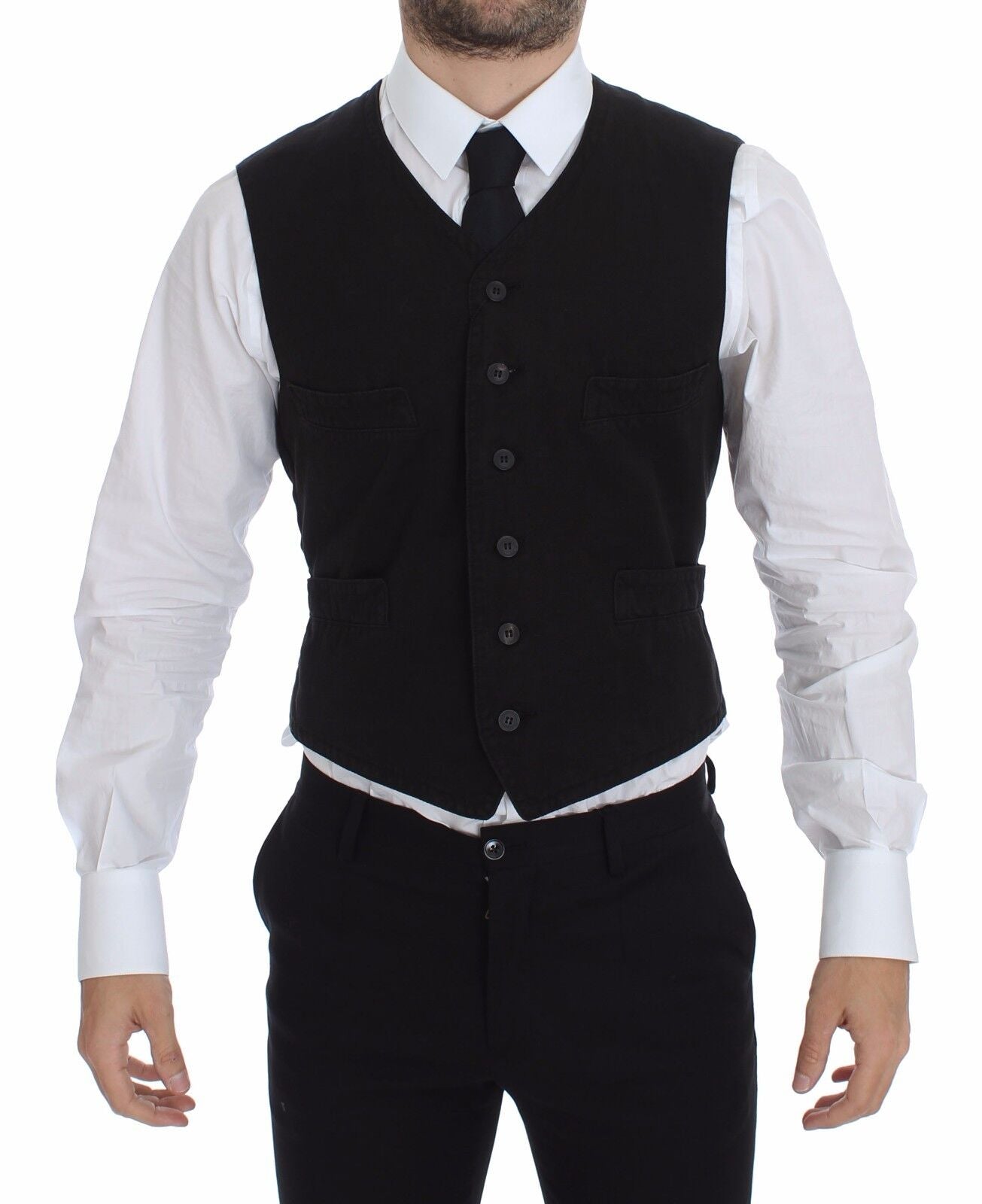 Dolce & Gabbana Schwarzes Flachs-Baumwollkleid Weste Blazer