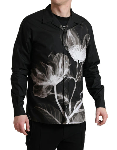 Dolce & Gabbana Schwarzes Baumwollhemd mit Blumenmuster und langen Ärmeln für Männer